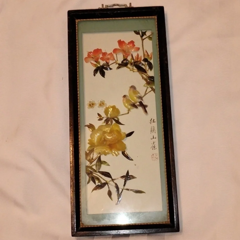 People's Republic of China, Black Framed Shadowbox With Shell Flowers & Birds